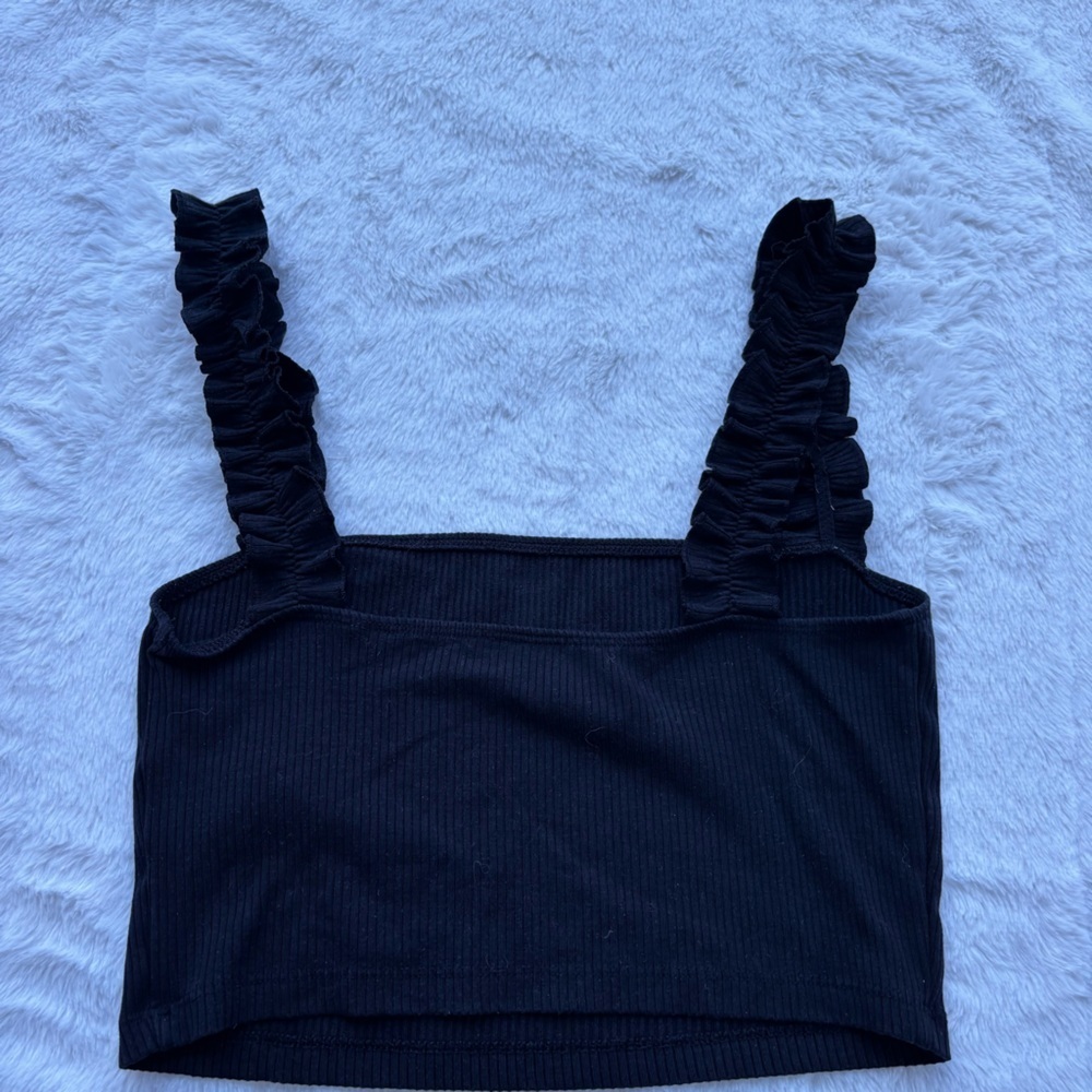 Aritzia Sunday Best Black Ribbed Ruffle Strap Crop Top Size S - Picture 5 of 9